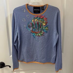 Michael Simon Blue Sweater with Colorful Beaded Fish Design